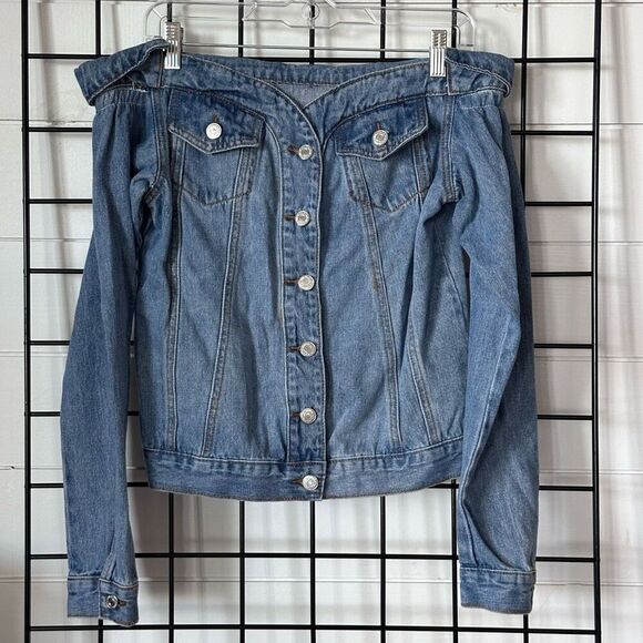 Off-Shoulder Sexy Denim Button Up Jacket Womens M Blue‎ Boho Indy Sleeze - Picture 1 of 10